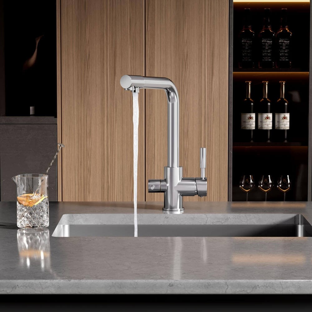 Baterie de bucatarie cu 3 cai Premier Tall Chrome, monocomanda cu pipa pivotanta 360°, cartus ceramic, finisaj cromat, alimentare separata apa filtrata, rece si calda