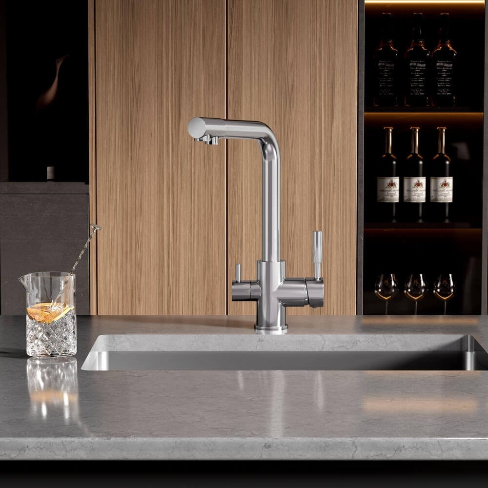 Baterie de bucatarie cu 3 cai Premier Tall Chrome, monocomanda cu pipa pivotanta 360°, cartus ceramic, finisaj cromat, alimentare separata apa filtrata, rece si calda