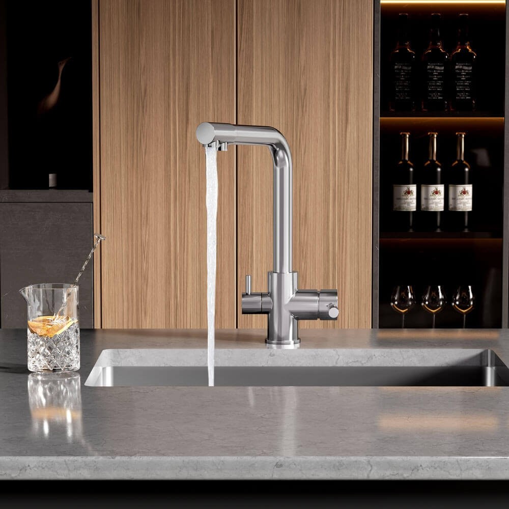 Baterie de bucatarie cu 3 cai Premier Tall Chrome, monocomanda cu pipa pivotanta 360°, cartus ceramic, finisaj cromat, alimentare separata apa filtrata, rece si calda