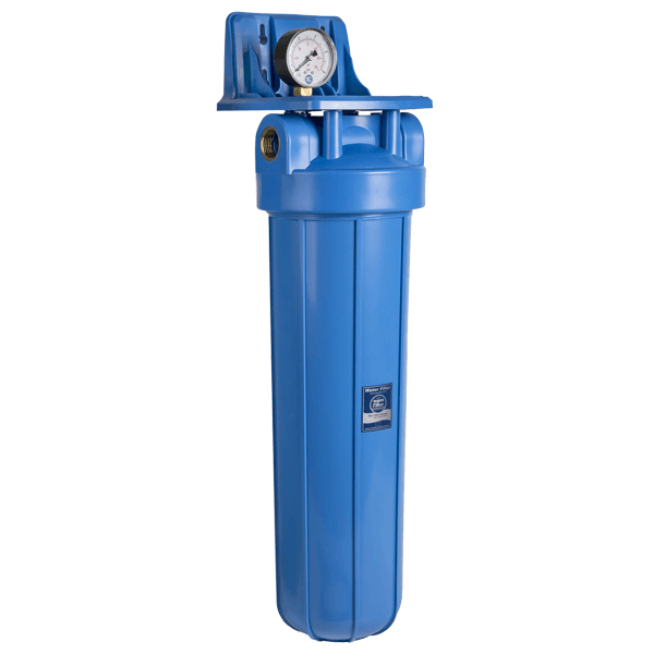 Carcasa filtru apa Big Blue 20 inch Aquafilter FH20B1-B-WB, racord alama 1 inch, cu manometru si supapa de aerisire, presiune 2-6 bar, suport inclus