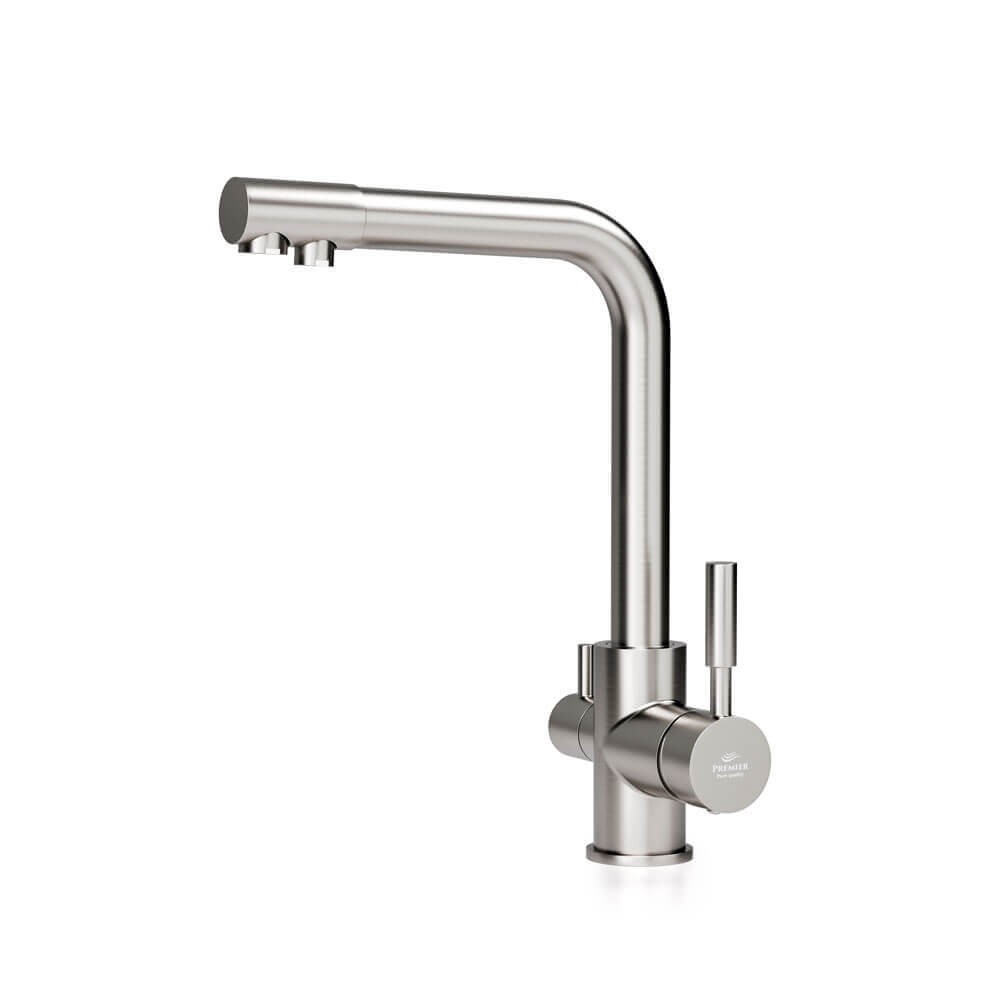 Baterie bucatarie cu 3 cai Premier Tall Satin, finisaj satinat inox, pipa pivotanta 360°, dubla comanda, cartus ceramic, montare pe blat, apa rece, calda si filtrata