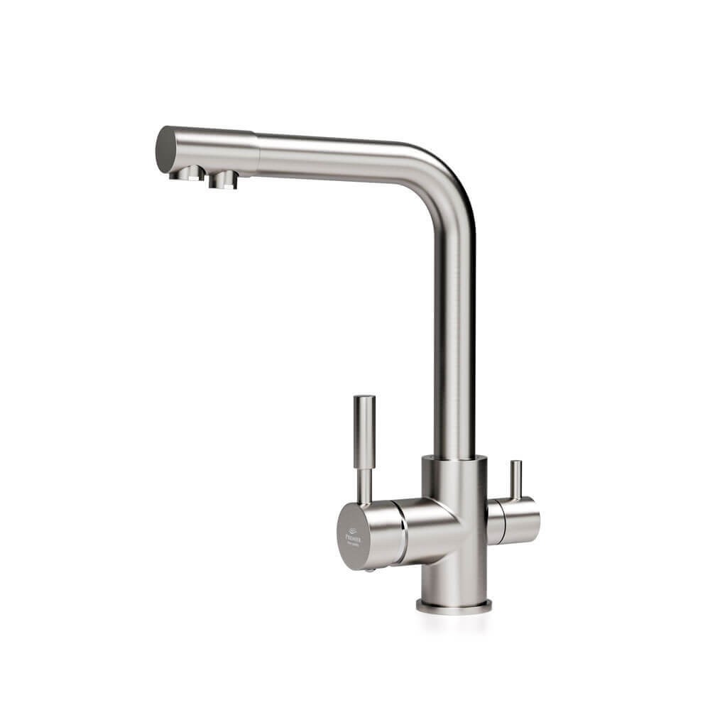 Baterie bucatarie cu 3 cai Premier Tall Satin, finisaj satinat inox, pipa pivotanta 360°, dubla comanda, cartus ceramic, montare pe blat, apa rece, calda si filtrata