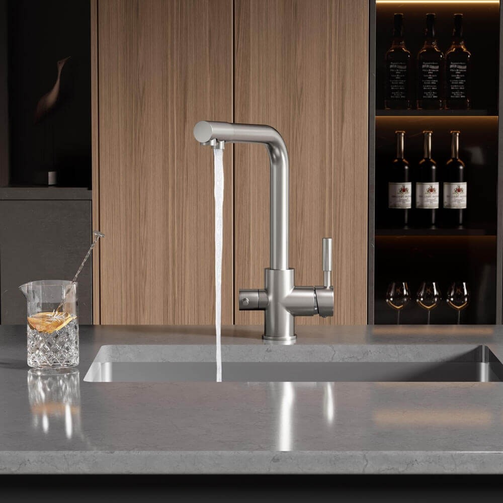 Baterie bucatarie cu 3 cai Premier Tall Satin, finisaj satinat inox, pipa pivotanta 360°, dubla comanda, cartus ceramic, montare pe blat, apa rece, calda si filtrata