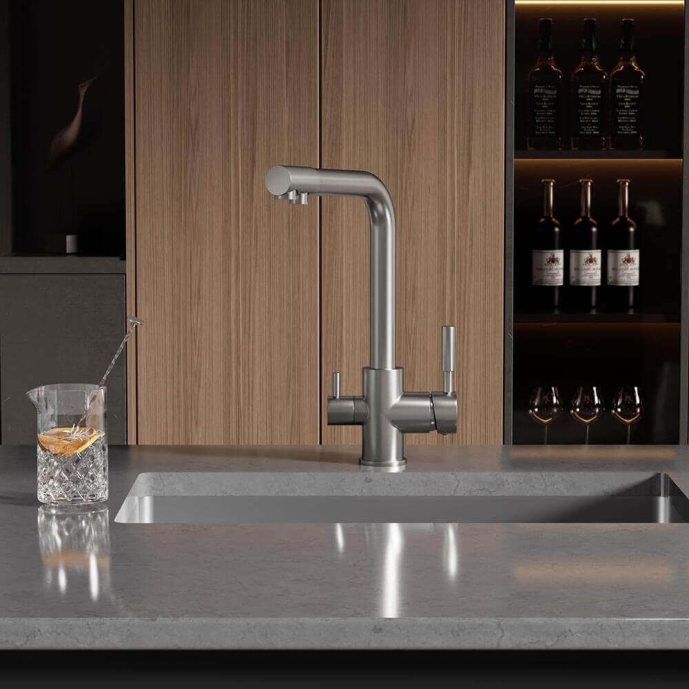 Baterie bucatarie cu 3 cai Premier Tall Satin, finisaj satinat inox, pipa pivotanta 360°, dubla comanda, cartus ceramic, montare pe blat, apa rece, calda si filtrata