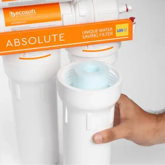 Sistem osmoza inversa Ecosoft Absolute, 75 GPD, membrana 0.0001 microni, cu remineralizare si bazin stocare 12 litri, fara pompa, 6 stadii filtrare
