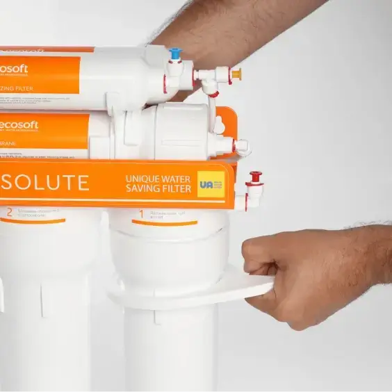 Sistem osmoza inversa Ecosoft Absolute, 75 GPD, membrana 0.0001 microni, cu remineralizare si bazin stocare 12 litri, fara pompa, 6 stadii filtrare
