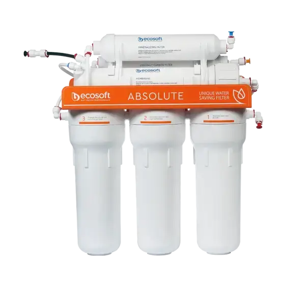 Sistem osmoza inversa Ecosoft Absolute, 75 GPD, membrana 0.0001 microni, cu remineralizare si bazin stocare 12 litri, fara pompa, 6 stadii filtrare