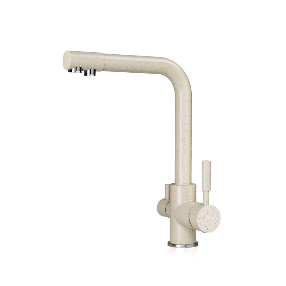 Baterie bucatarie cu 3 cai Premier Tall Granit, pipa pivotanta 360°, finisaj bej granit mat, cartus ceramic, alimentare apa rece, calda si filtrata