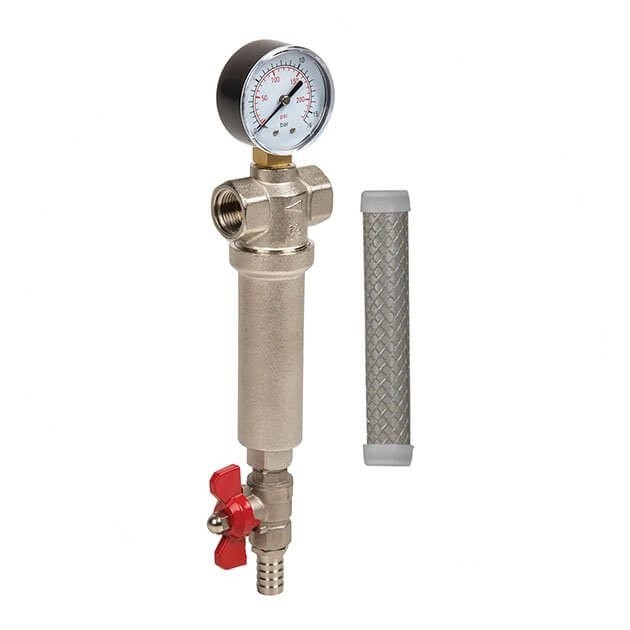 Filtru cu purjare Aquafilter AF-SED-100M, sita inox 100 microni, corp alama, filet 1 toll, manometru inclus