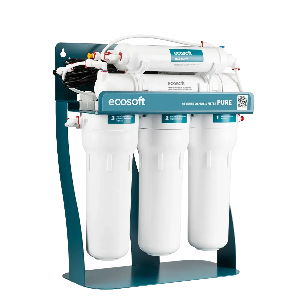 Sistem de osmoză inversă cu pompă booster Ecosoft Balance PRO, 6 stadii de filtrare, membrană 75 GPD, remineralizare cu calciu și magneziu, cadru metalic