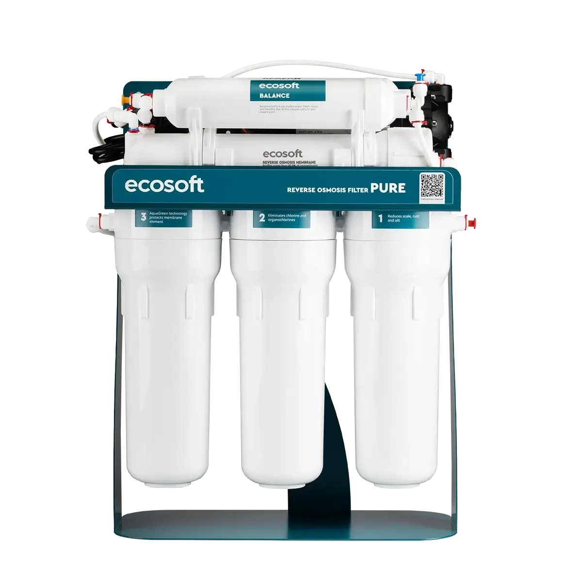 Sistem de osmoză inversă cu pompă booster Ecosoft Balance PRO, 6 stadii de filtrare, membrană 75 GPD, remineralizare cu calciu și magneziu, cadru metalic