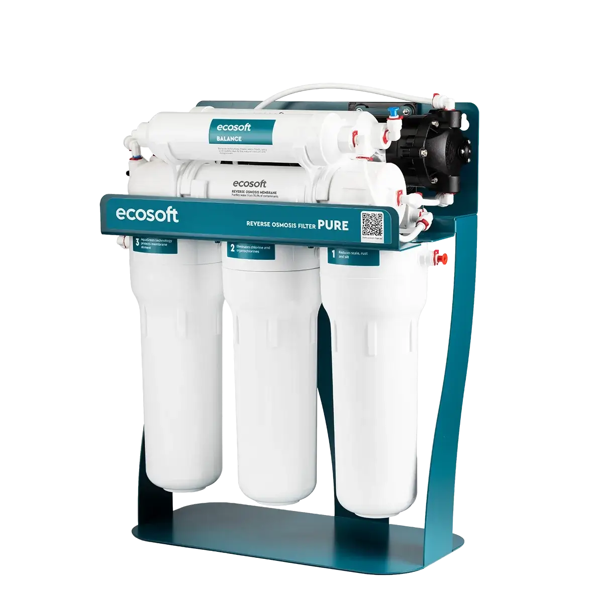 Sistem de osmoză inversă cu pompă booster Ecosoft Balance PRO, 6 stadii de filtrare, membrană 75 GPD, remineralizare cu calciu și magneziu, cadru metalic