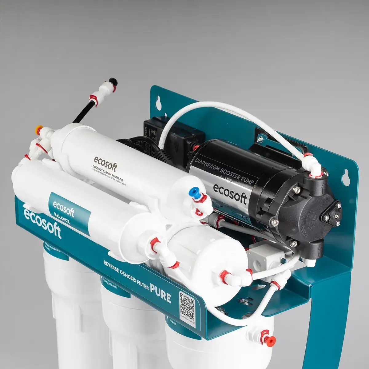 Sistem de osmoză inversă cu pompă booster Ecosoft Balance PRO, 6 stadii de filtrare, membrană 75 GPD, remineralizare cu calciu și magneziu, cadru metalic