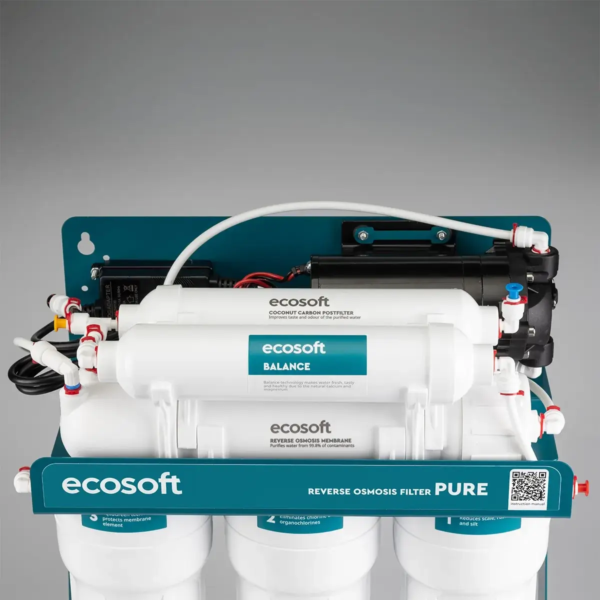 Sistem de osmoză inversă cu pompă booster Ecosoft Balance PRO, 6 stadii de filtrare, membrană 75 GPD, remineralizare cu calciu și magneziu, cadru metalic