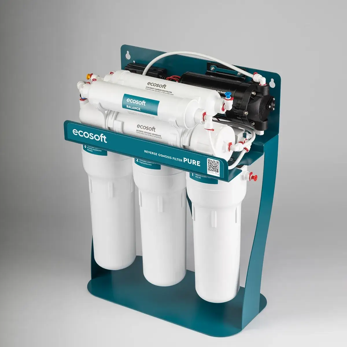 Sistem de osmoză inversă cu pompă booster Ecosoft Balance PRO, 6 stadii de filtrare, membrană 75 GPD, remineralizare cu calciu și magneziu, cadru metalic
