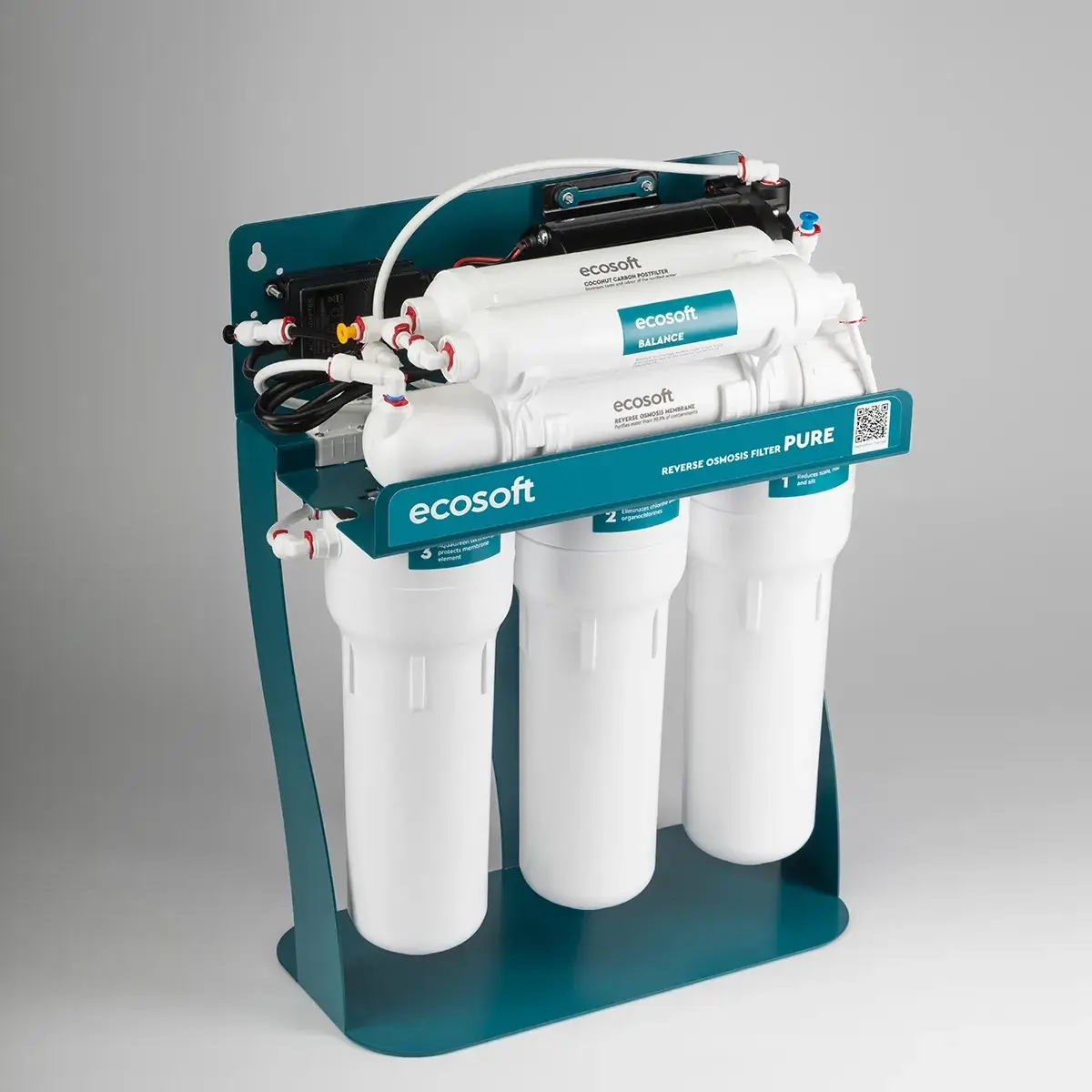 Sistem de osmoză inversă cu pompă booster Ecosoft Balance PRO, 6 stadii de filtrare, membrană 75 GPD, remineralizare cu calciu și magneziu, cadru metalic