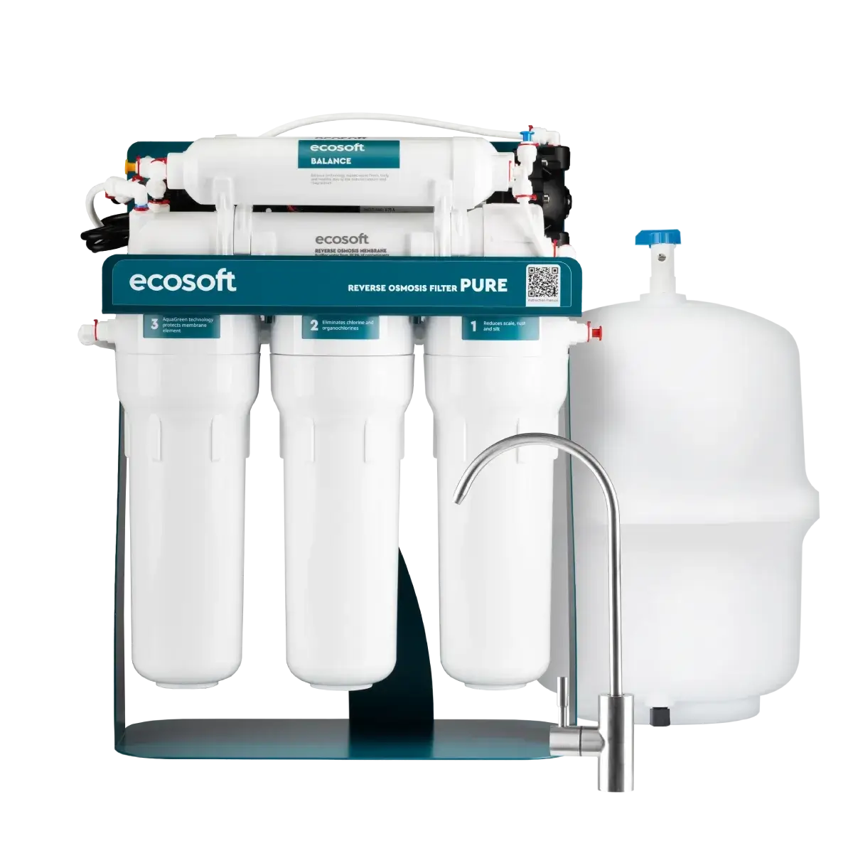Sistem de osmoză inversă cu pompă booster Ecosoft Balance PRO, 6 stadii de filtrare, membrană 75 GPD, remineralizare cu calciu și magneziu, cadru metalic