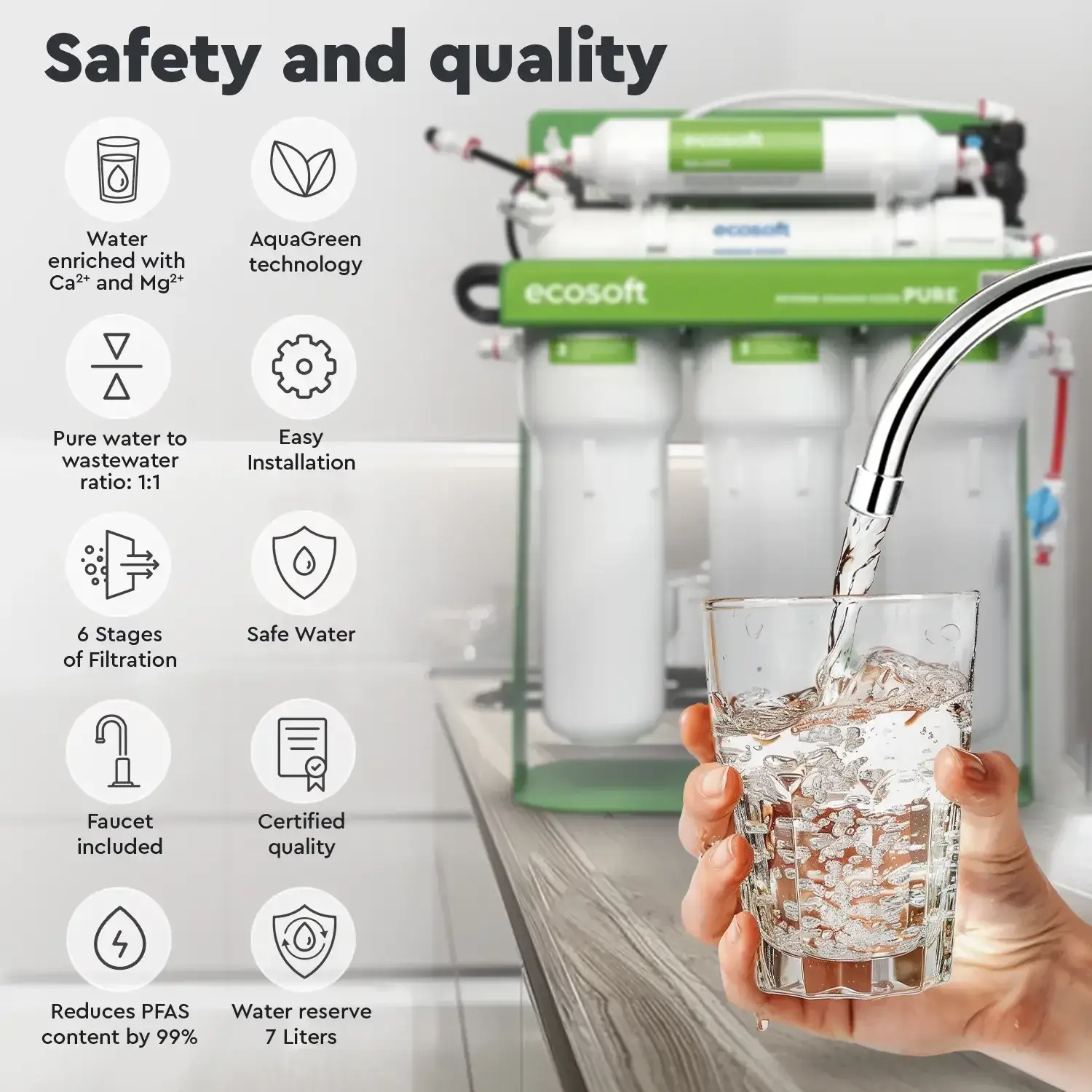Sistem de osmoză inversă cu pompă booster Ecosoft Balance PRO, 6 stadii de filtrare, membrană 75 GPD, remineralizare cu calciu și magneziu, cadru metalic