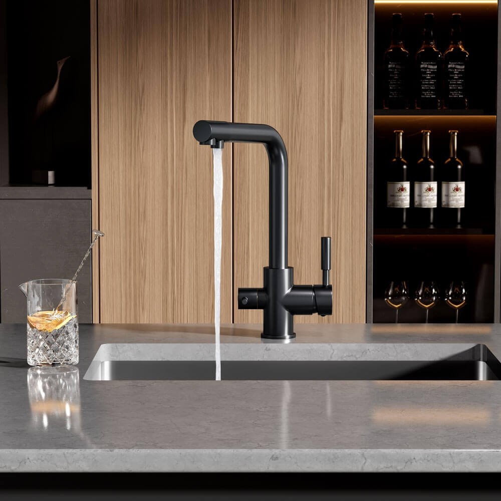 Baterie bucatarie cu 3 cai Premier Tall Black, pipa pivotanta 360°, cartus ceramic, negru, montare pe blat pentru apa rece, calda si filtrata