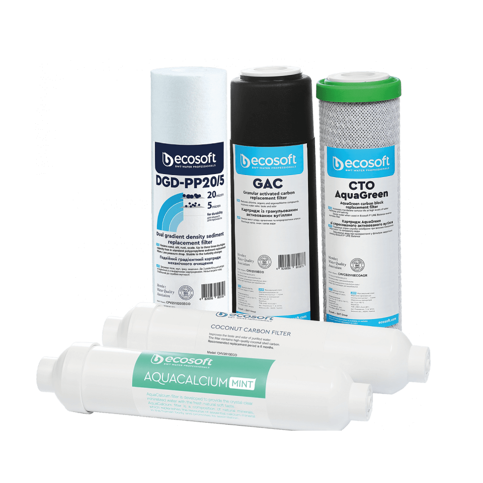 Set 5 cartușe filtrare Ecosoft Calcium, remineralizare Aquacalcium și postfiltrare, filtrare 1 micron, mufe rapide, durată 6 luni, pentru osmoză inversă
