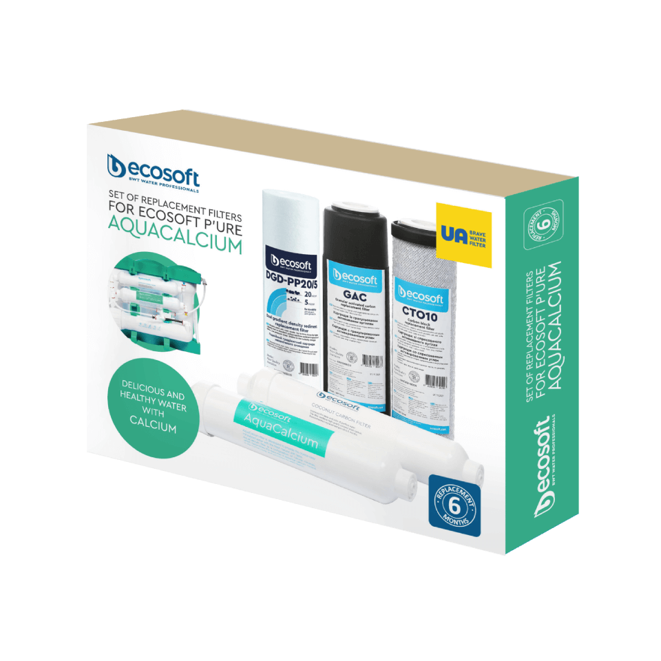 Set 5 cartușe filtrare Ecosoft Calcium, remineralizare Aquacalcium și postfiltrare, filtrare 1 micron, mufe rapide, durată 6 luni, pentru osmoză inversă