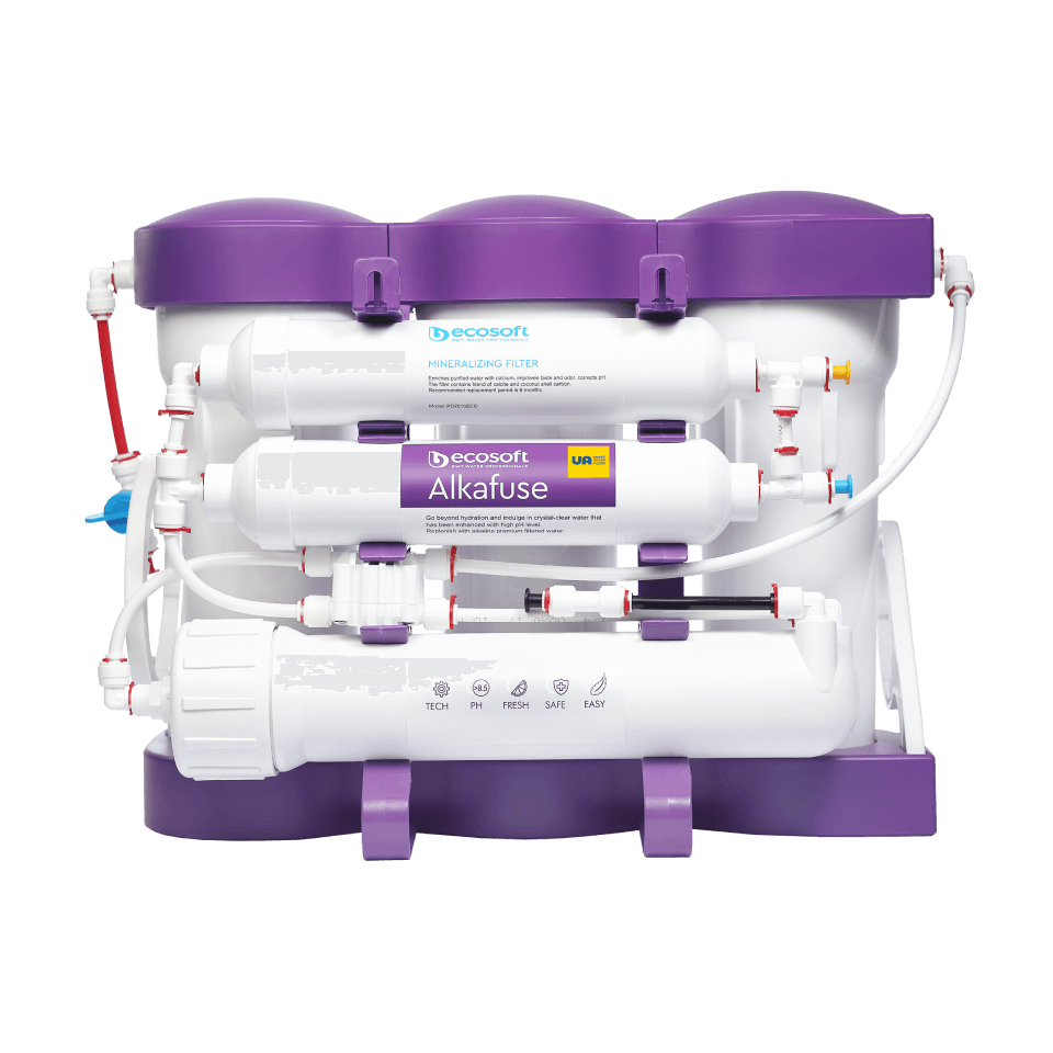 Sistem de filtrare cu osmoza inversa Ecosoft P'URE Alkafuse, 6 stadii de filtrare, membrana 75 GPD, remineralizare cu calciu si magneziu, functionare fara electricitate, bazin de stocare inclus