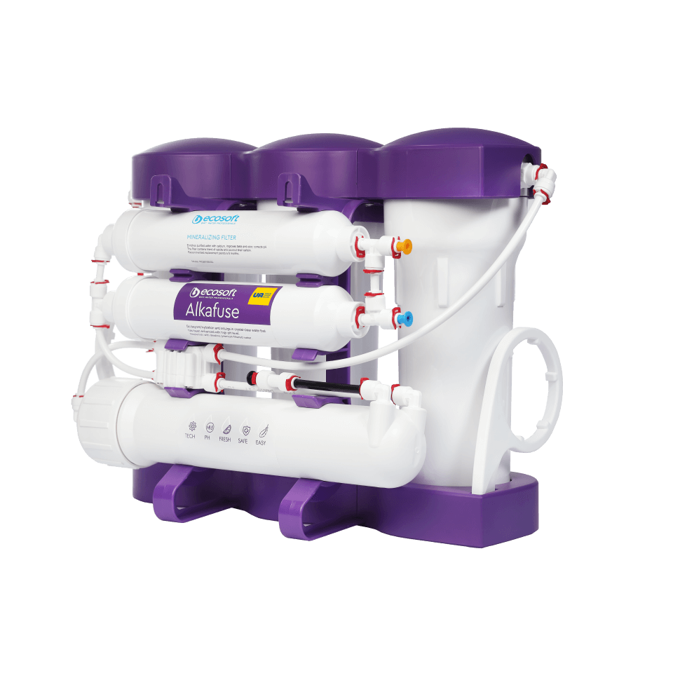 Sistem de filtrare cu osmoza inversa Ecosoft P'URE Alkafuse, 6 stadii de filtrare, membrana 75 GPD, remineralizare cu calciu si magneziu, functionare fara electricitate, bazin de stocare inclus