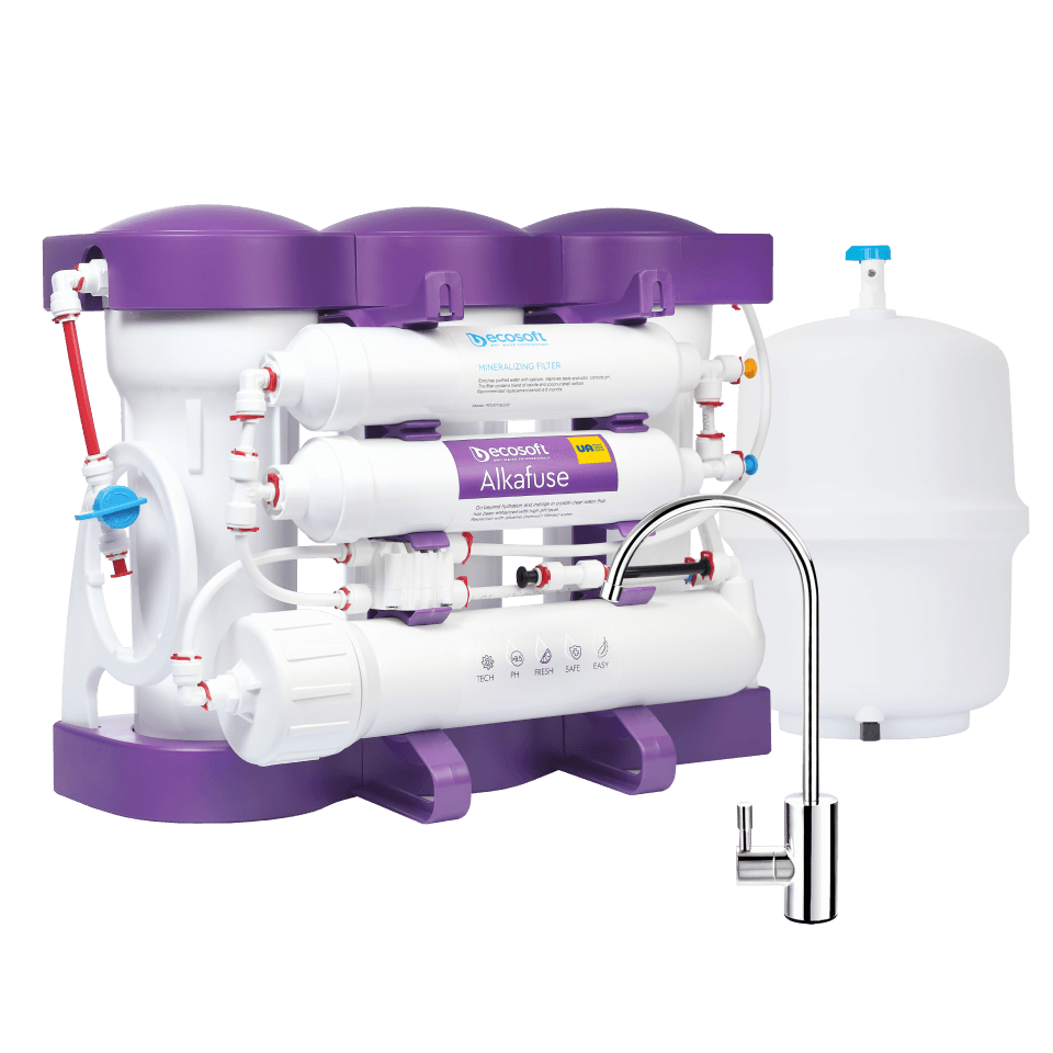 Sistem de filtrare cu osmoza inversa Ecosoft P'URE Alkafuse, 6 stadii de filtrare, membrana 75 GPD, remineralizare cu calciu si magneziu, functionare fara electricitate, bazin de stocare inclus