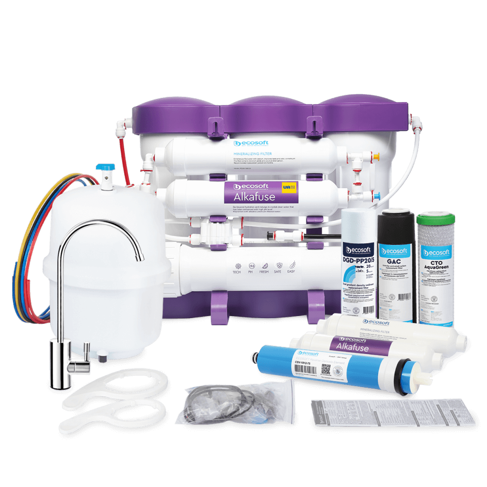 Sistem de filtrare cu osmoza inversa Ecosoft P'URE Alkafuse, 6 stadii de filtrare, membrana 75 GPD, remineralizare cu calciu si magneziu, functionare fara electricitate, bazin de stocare inclus
