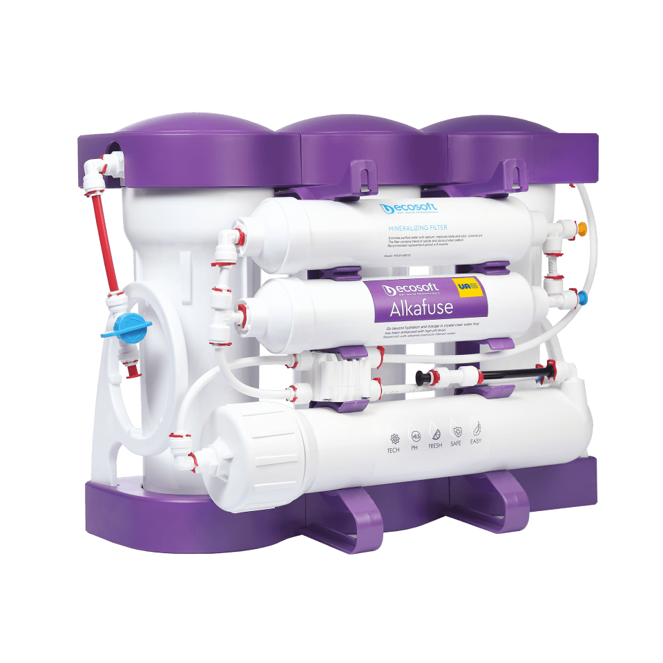 Sistem de filtrare cu osmoza inversa Ecosoft P'URE Alkafuse, 6 stadii de filtrare, membrana 75 GPD, remineralizare cu calciu si magneziu, functionare fara electricitate, bazin de stocare inclus
