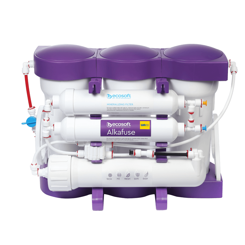 Sistem de filtrare cu osmoza inversa Ecosoft P'URE Alkafuse, 6 stadii de filtrare, membrana 75 GPD, remineralizare cu calciu si magneziu, functionare fara electricitate, bazin de stocare inclus