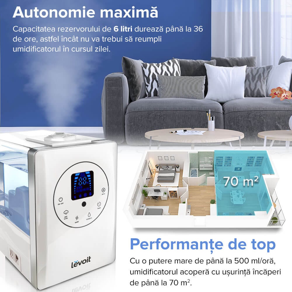 Umidificator de Aer LEVOIT LV600HH HYBRID, Ultrasonic, Rezervor 6l, Super Silentios, Aromaterapie, Functie AUTO, Autonomie 36 Ore (Lv600HH)