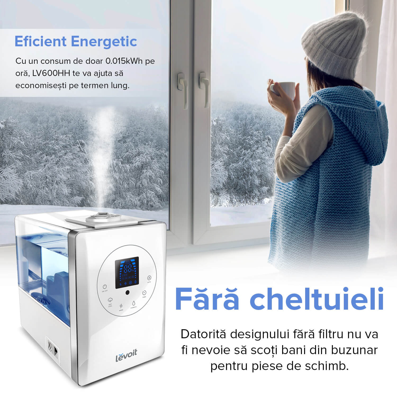 Umidificator de Aer LEVOIT LV600HH HYBRID, Ultrasonic, Rezervor 6l, Super Silentios, Aromaterapie, Functie AUTO, Autonomie 36 Ore (Lv600HH)