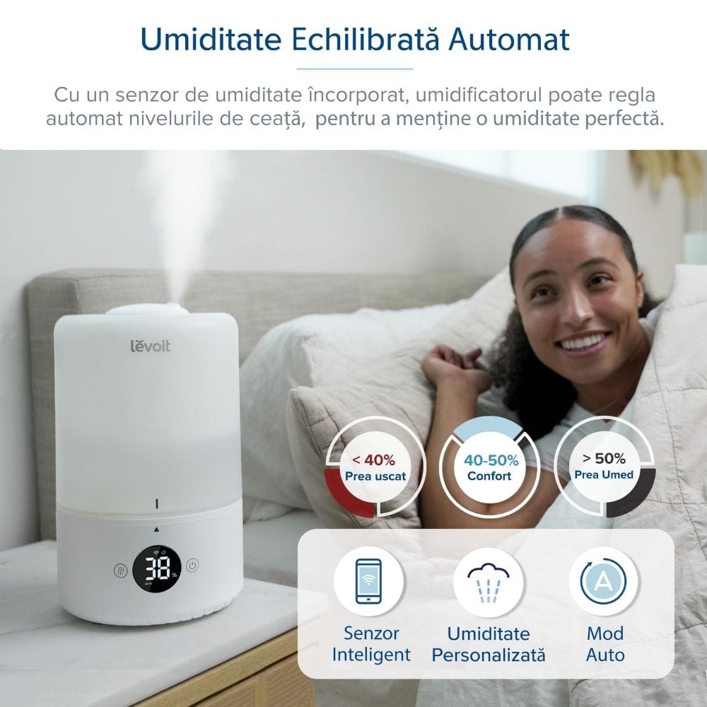 Umidificator de Aer LEVOIT Dual 200S, SMART, WI-FI Ultrasonic, Rezervor 3l, Silentios, Aromaterapie, Functie AUTO, Autonomie 25 Ore (Dual200S)