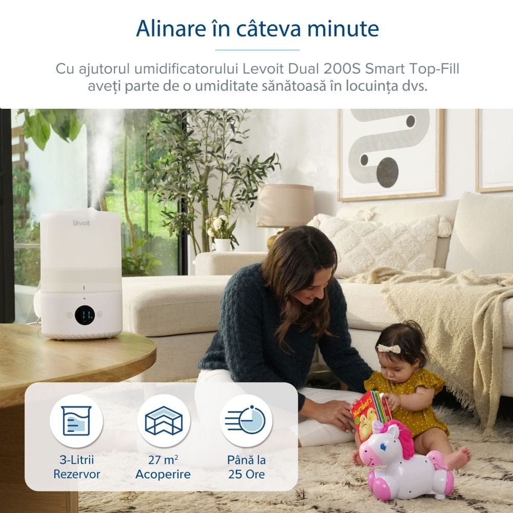 Umidificator de Aer LEVOIT Dual 200S, SMART, WI-FI Ultrasonic, Rezervor 3l, Silentios, Aromaterapie, Functie AUTO, Autonomie 25 Ore (Dual200S)