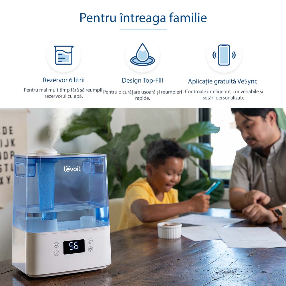 Umidificator de aer LEVOIT Classic 300S, Rezervor 6L, Super Silentios, Aplicatie Smart, Senzor Umiditate, Functie AUTO, Aromaterapie, Autonomie 60 ore, Blue (300SMARTBlue)