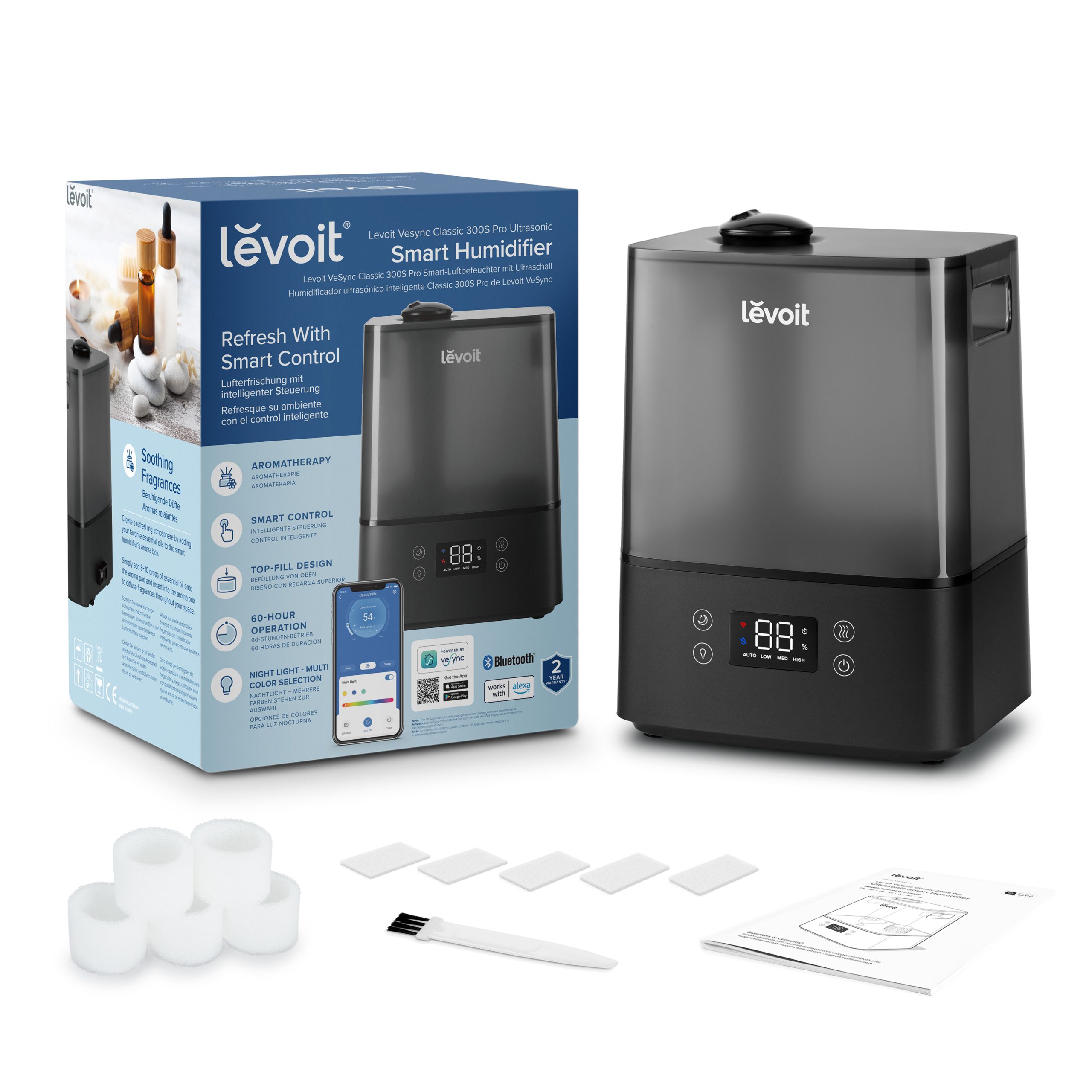 Umidificator de aer Levoit Classic 300S PRO, Rezervor 6L, Super Silentios, Aplicatie Smart, Senzor Umiditate, Functie AUTO, Aromaterapie, Autonomie 60 ore, Design Black (Classic300SPRO)