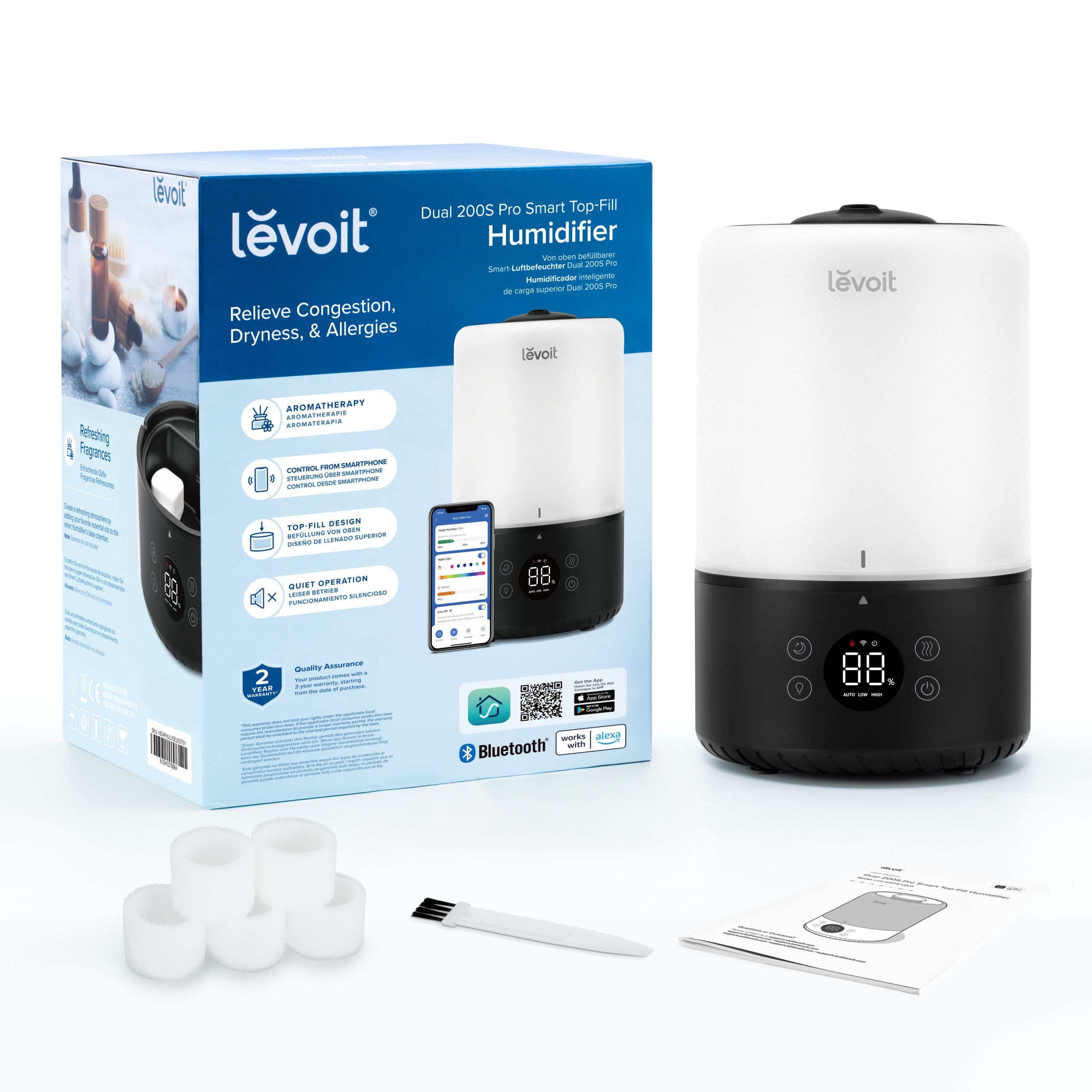 Umidificator de Aer Levoit Dual 200S PRO, SMART, WI-FI Ultrasonic, Rezervor 3l, Silentios, Aromaterapie, Functie AUTO, Autonomie 25 Ore, Design Black (Dual200SPro)